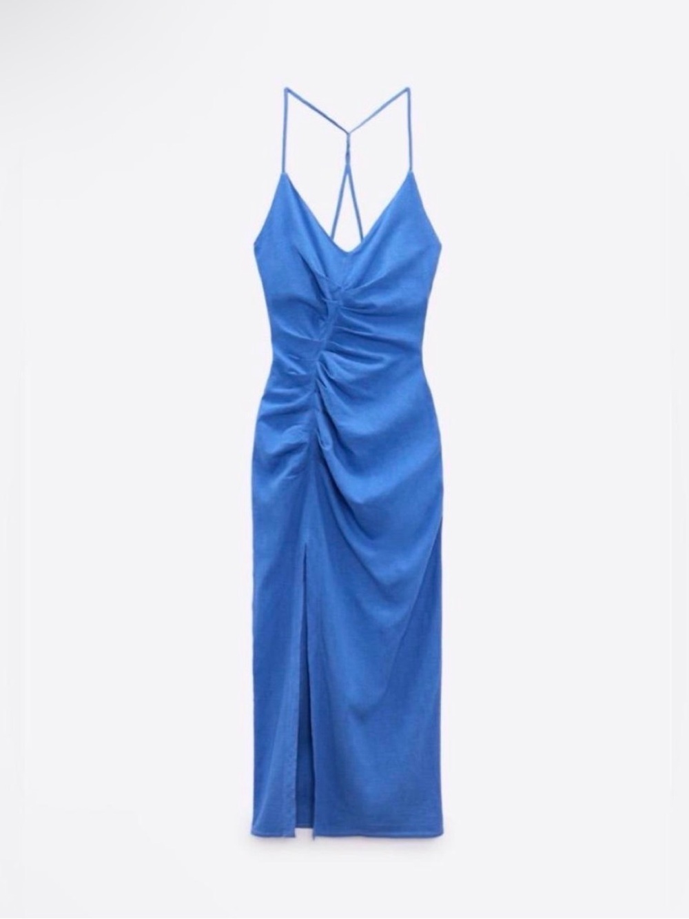 ZARA Blue Ruched Slip Midi Dress with Strappy Back